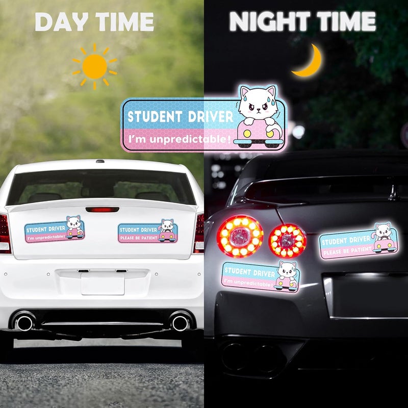 CNhoqc New Driver Car Magnet - 4pcs Cute Nervous Cat New Driver Car Rectangle Reflective Reusable Movable Funny Magnet Sticker for Bumper Please Be Patient Student Driver Safety Warning Attention Sign - Image 4